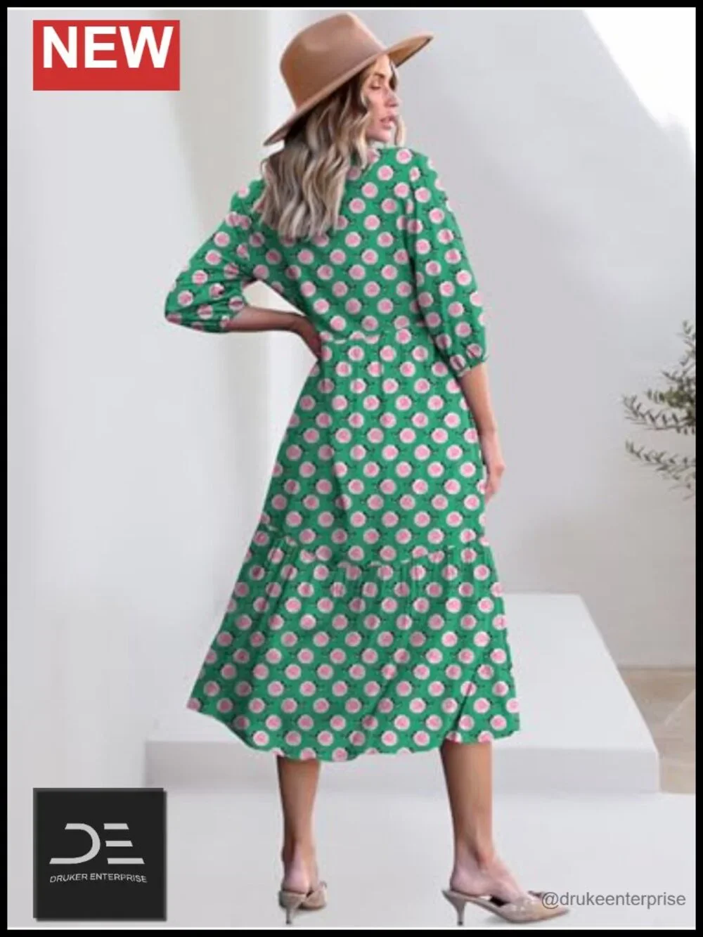 Women's 3/4 Puff Sleeve V-Neck Floral Boho Maxi Dress Casual Beach Vacation